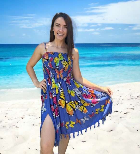 Shirred Dress - Butterfly Print