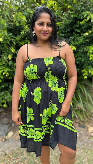 Shirred Dress - Black Hibiscus