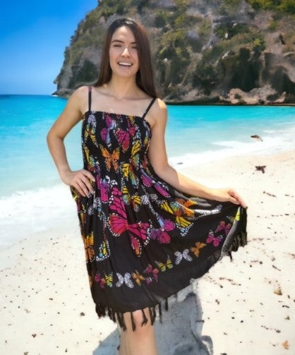 Shirred Dress - Butterfly Print