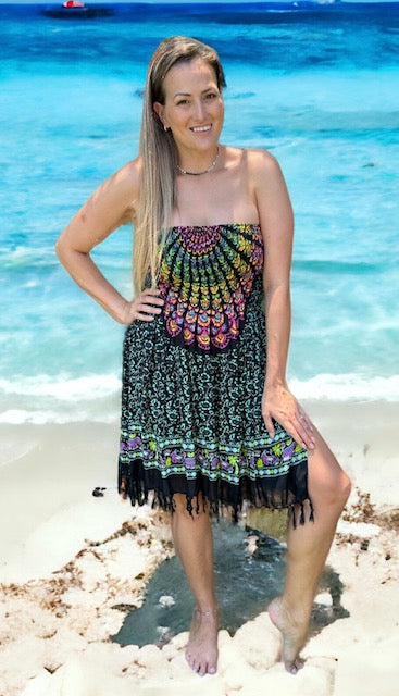 Strapless Shirred Dress - Mandala Print