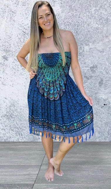 Strapless Shirred Dress - Mandala Print