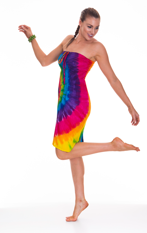 Shirred Tie Dye Dress ( Rainbow)